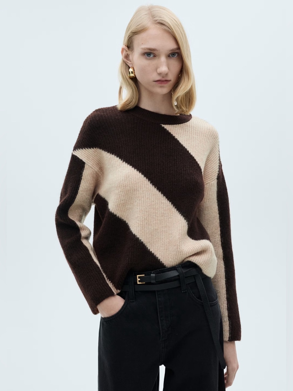 Mango Brown knit striped sweater NWT